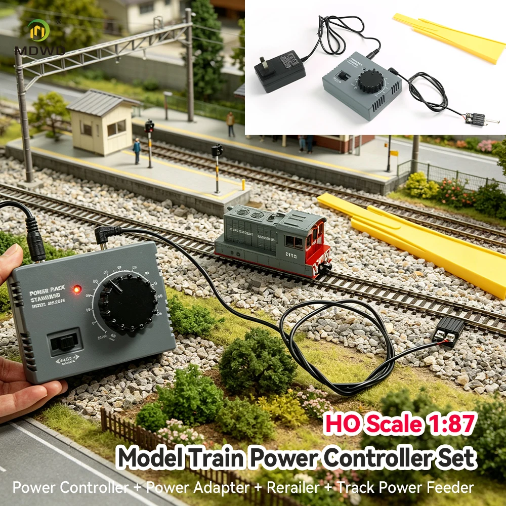 MDWD HO Scale Train Controller Set, 5 Pcs Power Pack with Speed Knob, DC Adapter, Cables & Rail Loader for Model Railway