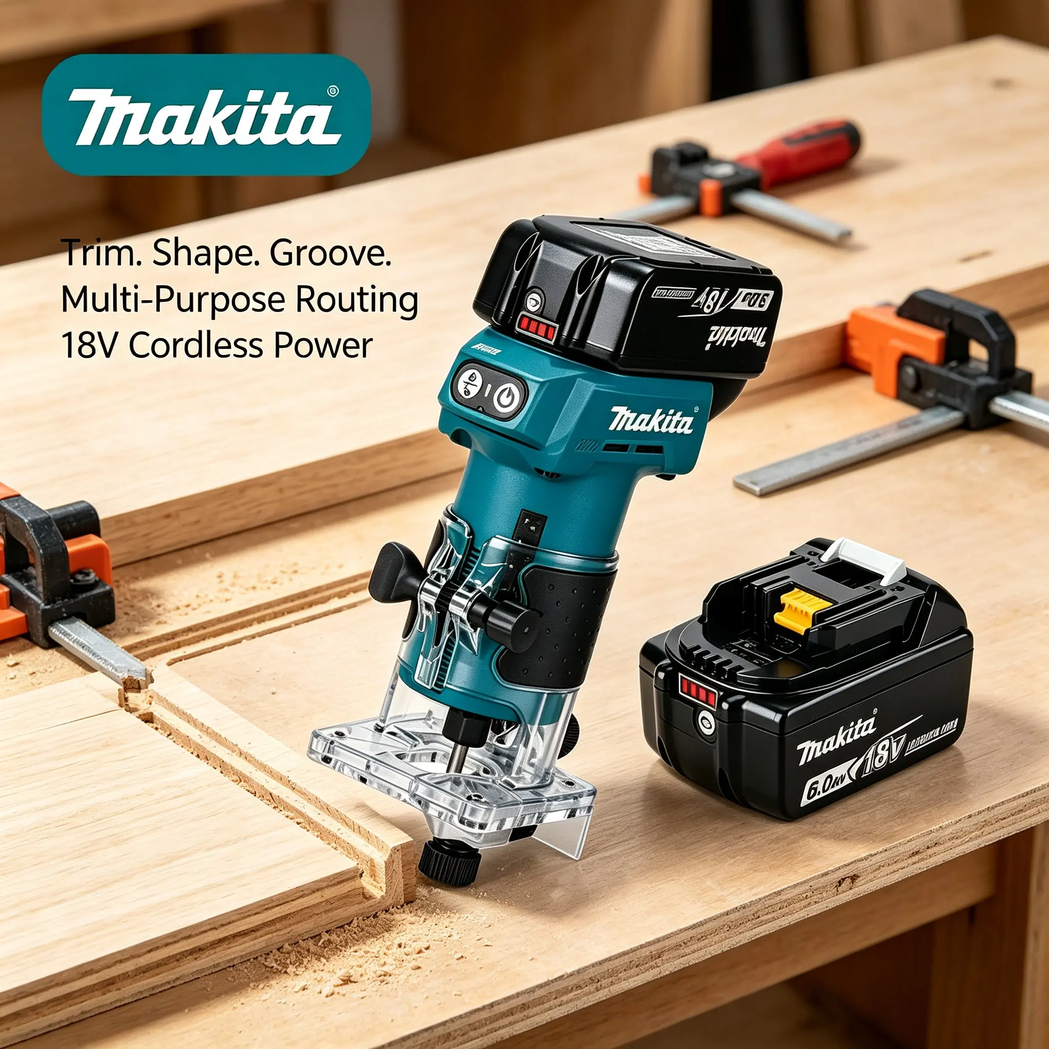 Kabelloser kompakter bürstenloser Fräser Makita DRT52 DRT52Z (nur Gehäuse), kompatibel mit 18V LXT Akkupack für präzises Multi-Tasking-Kantenbearbeiten und hochrepetierbare Nutfräsarbeiten.