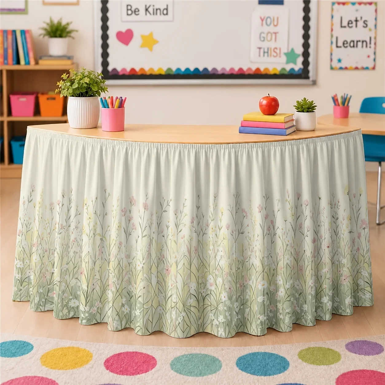 One table skirt with floral and grassland patterns, made of polyester, in soft pastel colors.