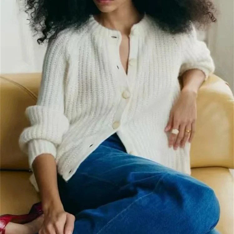 

Women's Loose Solid Color Wool Blend Knit Sweater O-Neck Single Breasted Fall Winter Casual Cardigan for Lady