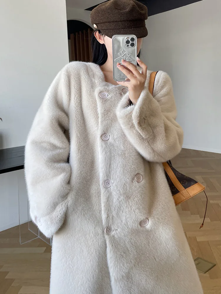 BZVW Korean Imitation Mink Fur Coat Women\'s O-neck Double Breasted Solid Color Mid Length Coats 2024 Autumn Winter New 25A8890