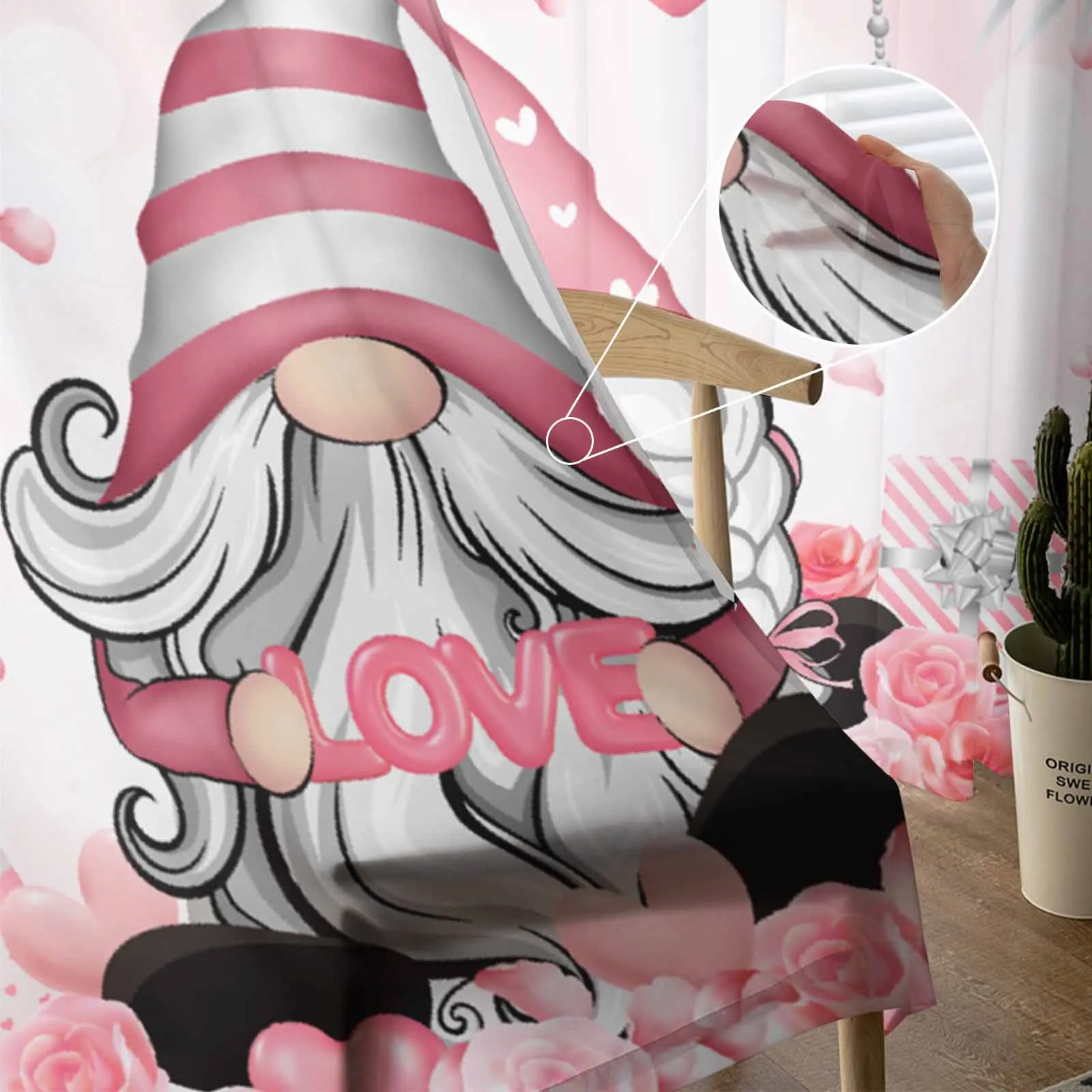 Valentine'S Day Pink Roses Hearts Gnome Sheer Curtains for Living Room Decoration Window Curtain Kitchen Tulle Voile Drapes