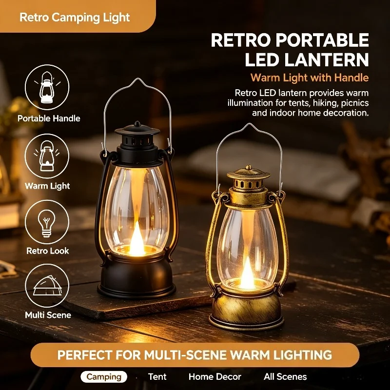 Warm Retro LED Camping Light Portable Lantern Handle for Outdoor Hiking Tent Table Home Decor Vintage Style Emergency Light