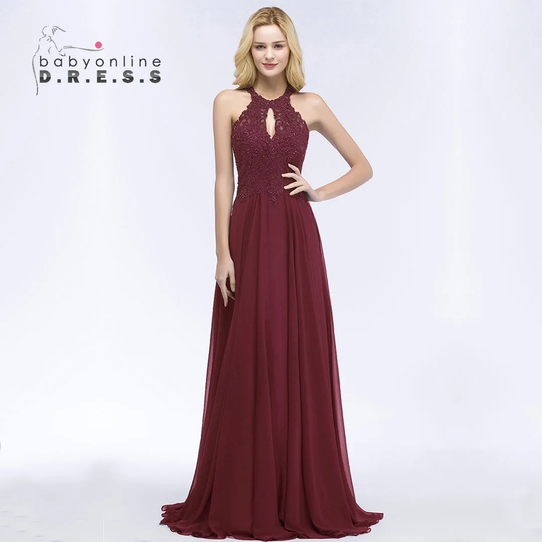 BABYONLINE Burgundy Elegant Evening Dresses for Women Halter Sexy Crystal Beaded Maxi Prom Gown Wedding Guest Party EVEN DRESS