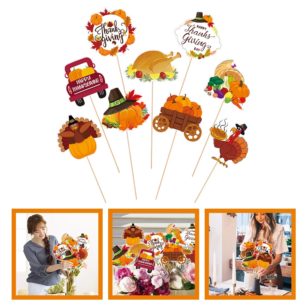9 Pcs Thanksgiving Table Topper Dinner Decorations Flower Sticks Vase Party Supplies Centerpiece Cake Pumpkin