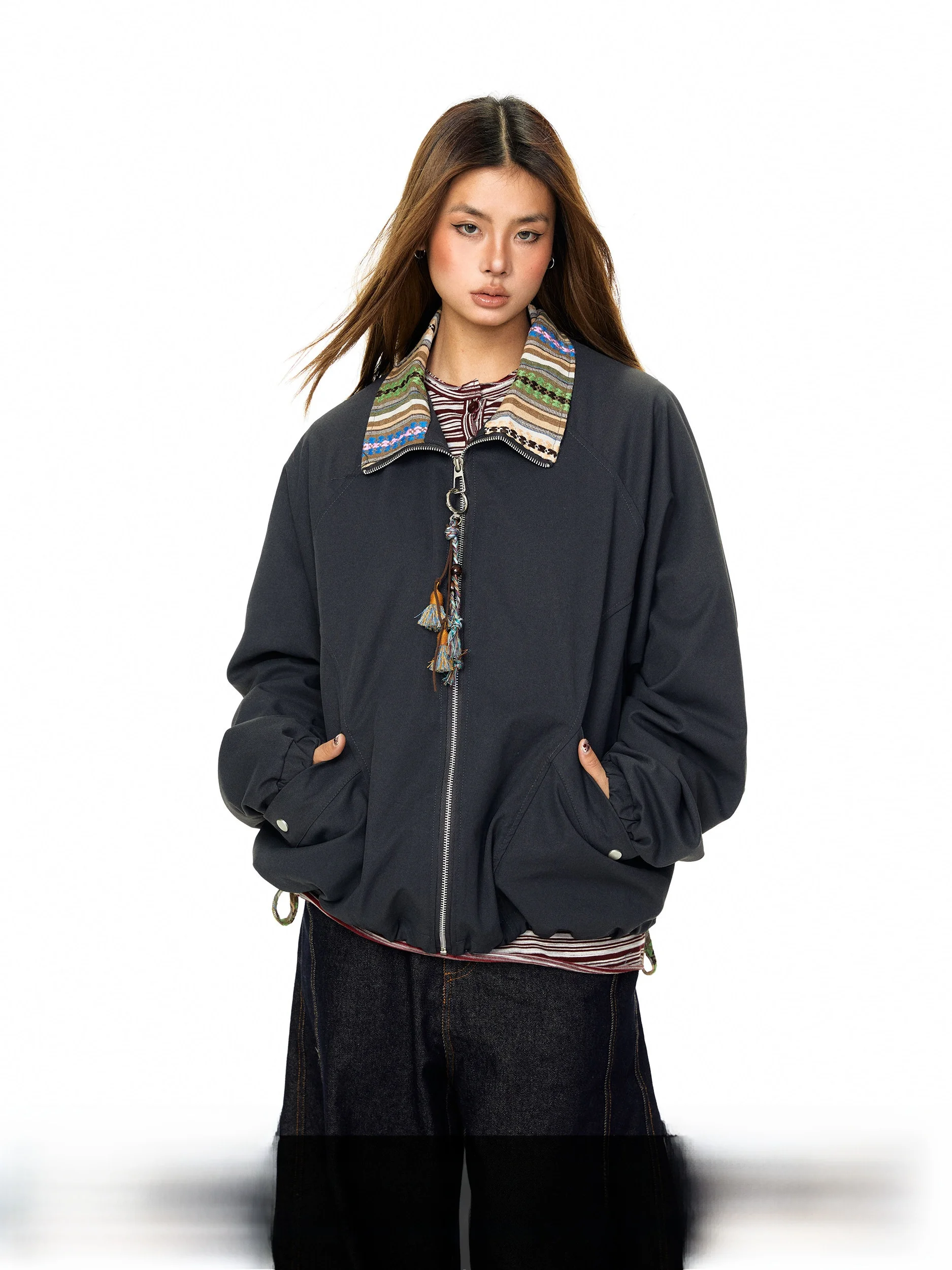 

Blabb Deconstructed Patchwork Color Blo Collar Workwear Jaet Women Early Spring Ethnic Design Loose Casual Outerwear
