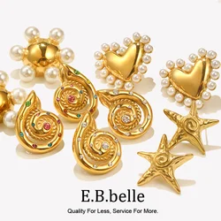 E.B.belle Whirlpool Hammer Pattern Pentagonal Star Shell Hollow Pearl Smooth Heart Round Wheel Stainless Steel Earrings