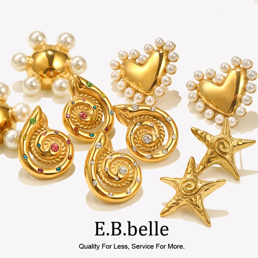 E.B.belle Whirlpool Hammer Pattern Pentagonal Star Shell Hollow Pearl Smooth Heart Round Wheel Kolczyki ze stali nierdzewnej