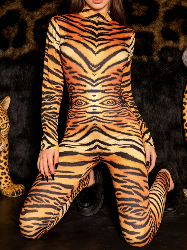 Damen Leoparden-Catsuit, eng anliegender Jumpsuit, Cosplay-Outfit, Halloween, Dschungel-Tier-Thema, Rave, Nachtclub, Tanz, Bühnenkostüm – Detail 10