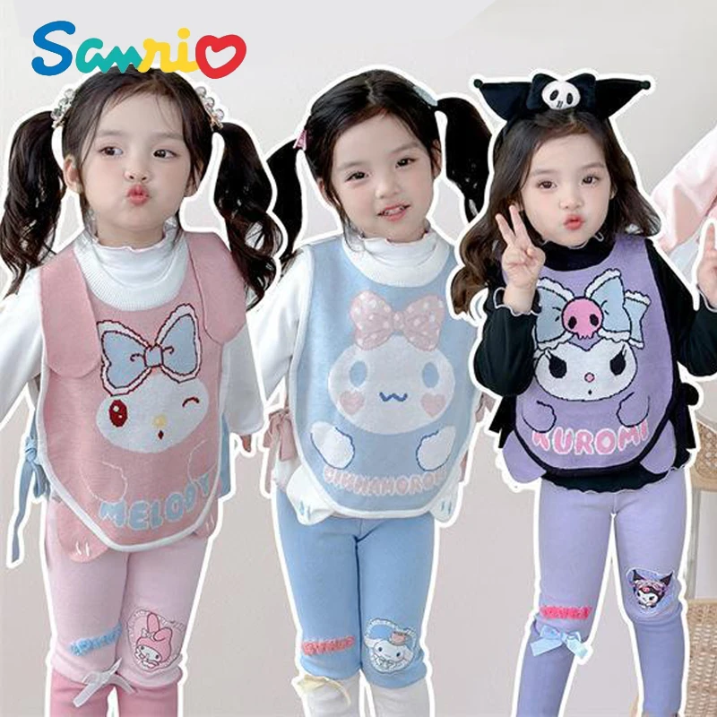 Sanrios Cinnamoroll My Melody Kuromi Fun Three-Dimensional Kids Vest Blouse Wave Collar Girls Bottoming Shirt Knitted Leggings