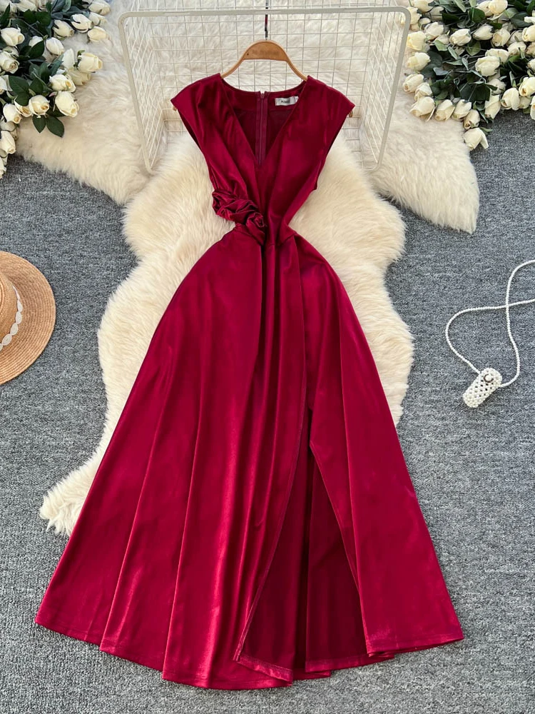 Ele Red Dr レディース ハイウエスト Vネック スベル 非対称ヘムライン ファイオナブルな花柄刺繍 通勤 スレ Dr