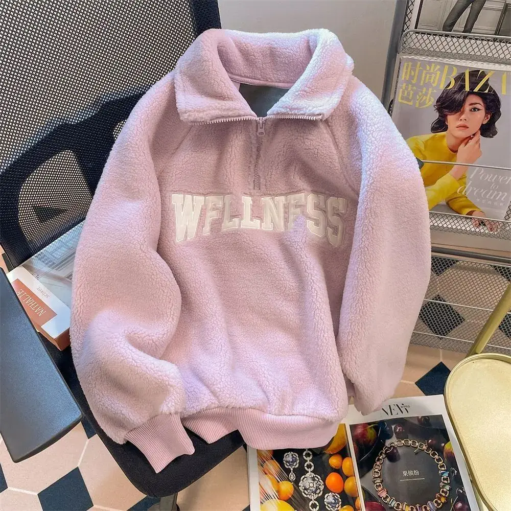 

Sweatshirt for women in autumn and winter, purple thickened polo shirt, imitation sherpa stand-up collar jacket for women tops