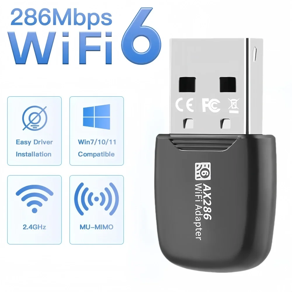 286Mbps WIFI 6 USB Adapter AX286 Network Card Mini USB Dongle 2.4GHz 802.11AX Wireless Dongle Receiver For Win7/10/11 Drive Free