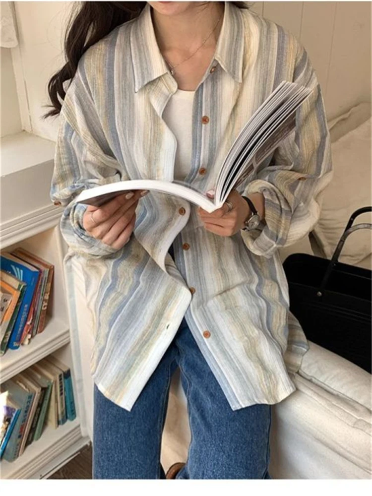 

Women's Blue Vertical Stripe Loose Shirt Spring Casual Retro Top Female Single Breasted Long Sleeved Thin T-shirt