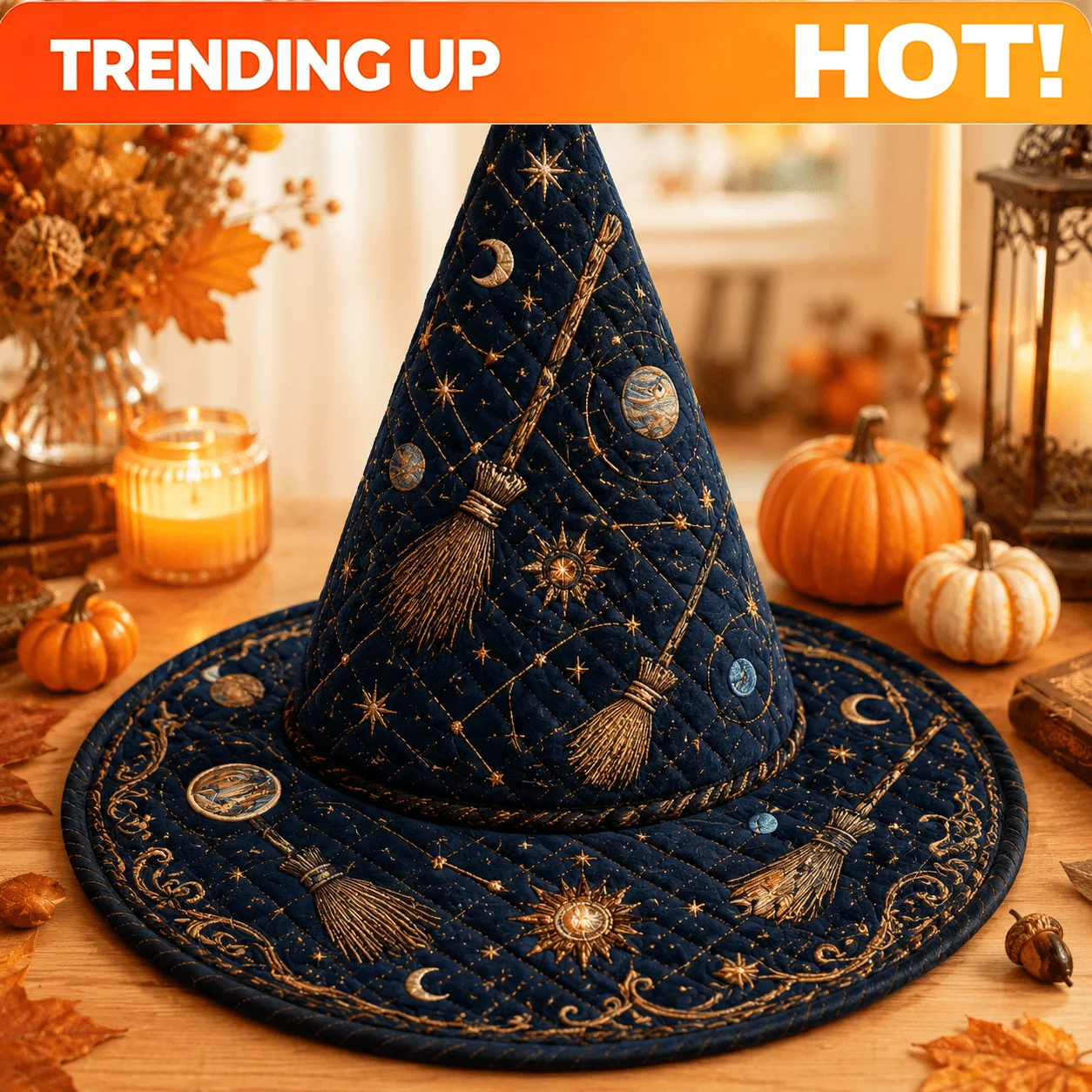 Customization Women's Vintage Wide-Brimmed Witch Hat With Glowing Planets & Floating Broom - Quilted Starry Sky Broomstick Suita