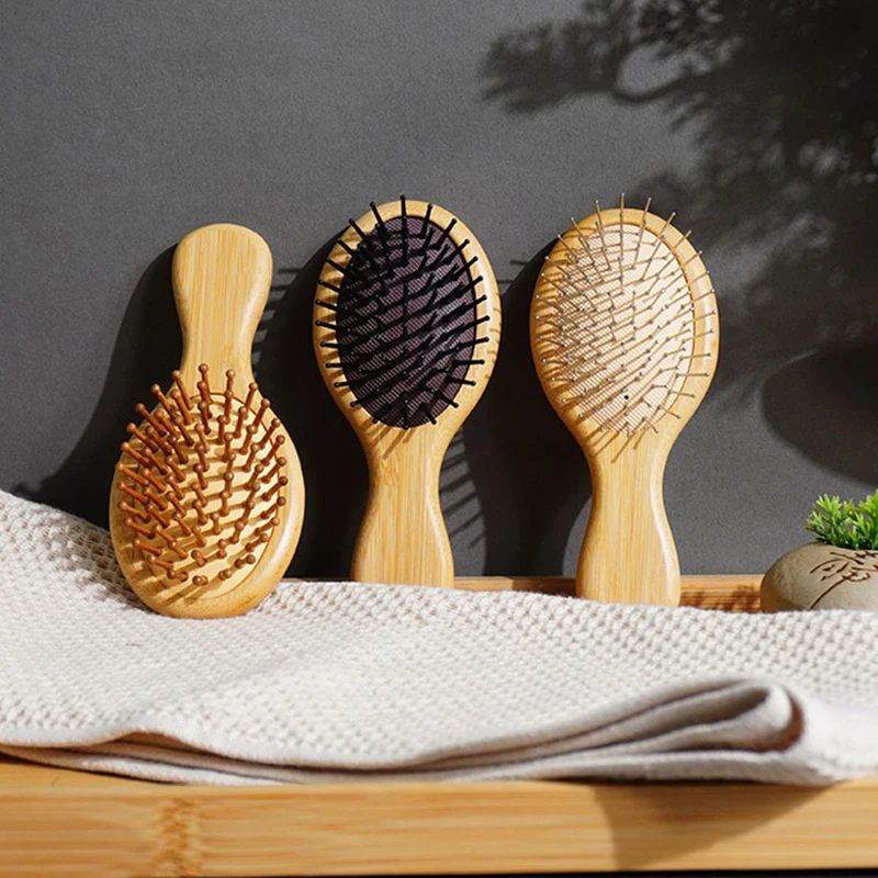 مشط شعر صغير صديق للبيئة وسادة هوائية خشبية محمولة وسادة هوائية لطيفة مضادة للكهرباء الساكنة واسعة مستديرة الرأس تدليك الأسنان أمشاط فرشاة شعر