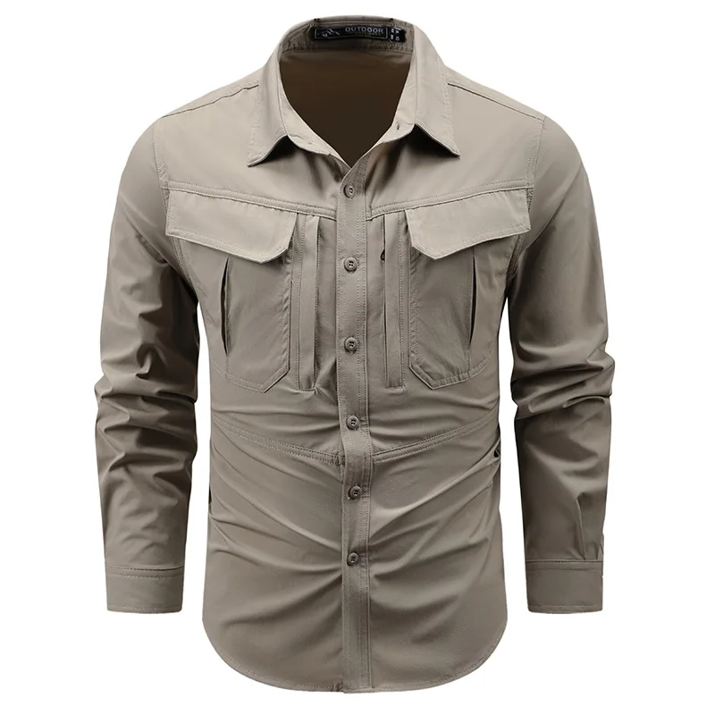 Men Elastic Long Sleeved Shirt with Multiple Pockets Vintage Workwear Shirt Solid Color Casual Outdoor Sports Shirt Men Clothing