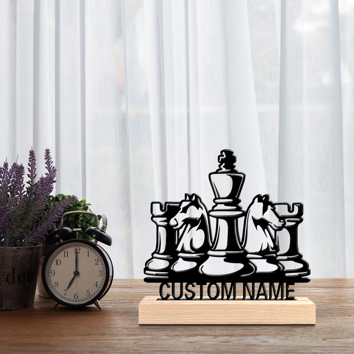1pc Abstract chess Custom Name Tin Statue Metal Ornament Handicraft With Wood Base Metal Ornament For Boys Gifts