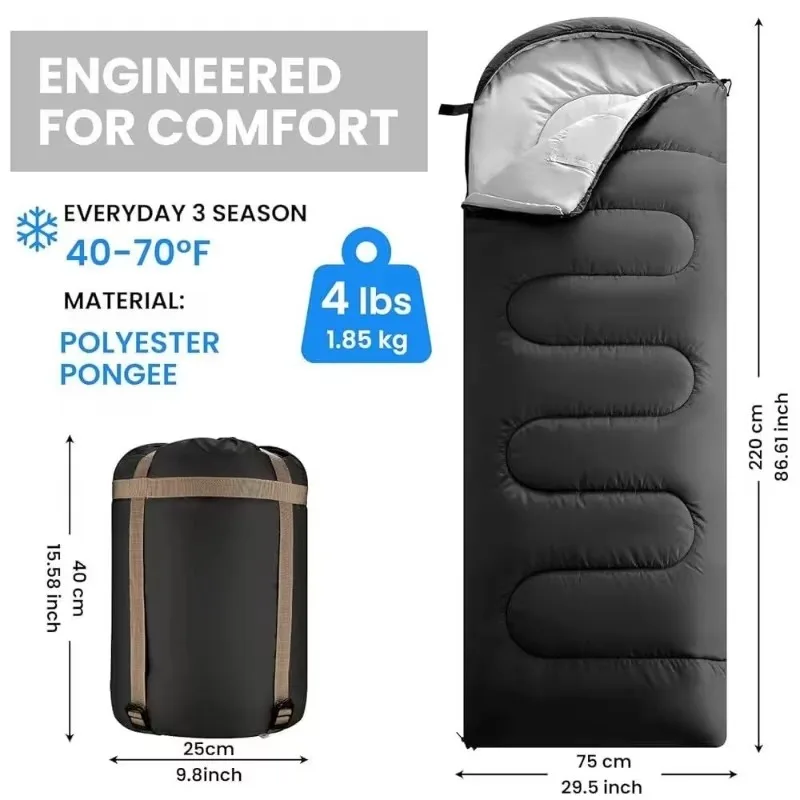 XMSJ Drawstring Hood Envelope Type Polyester Cold Weather Water-resistant Machine Washable Sleeping Bag For Camping And Short Tr