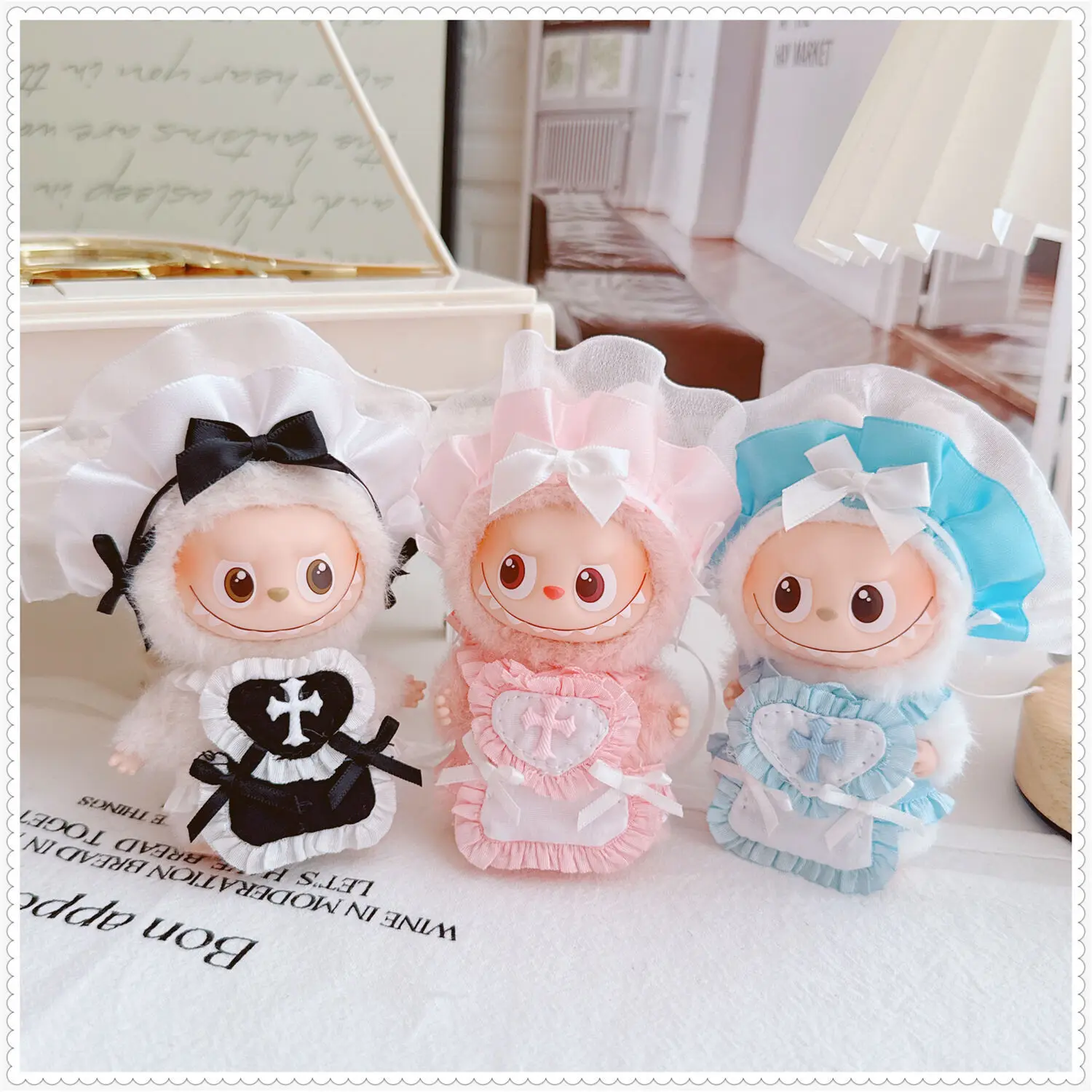 

10-17cm Kawaii Labubu Clothes Cute Cartoon Black Blue Pink Maid Set Plush Idol Doll Clothes Accessories Toys for Girls Gifts