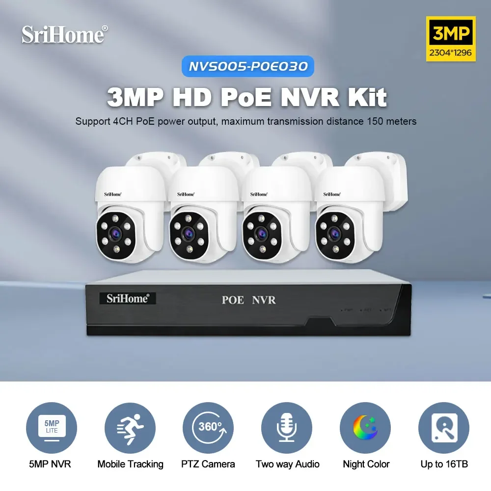 

Srihome 3MP PTZ H265/H264 Wireless Security Cameras System Indoor 8CH 3MP WiFi Surveillance CCTV NVR WiFi Video Surveillance Kit