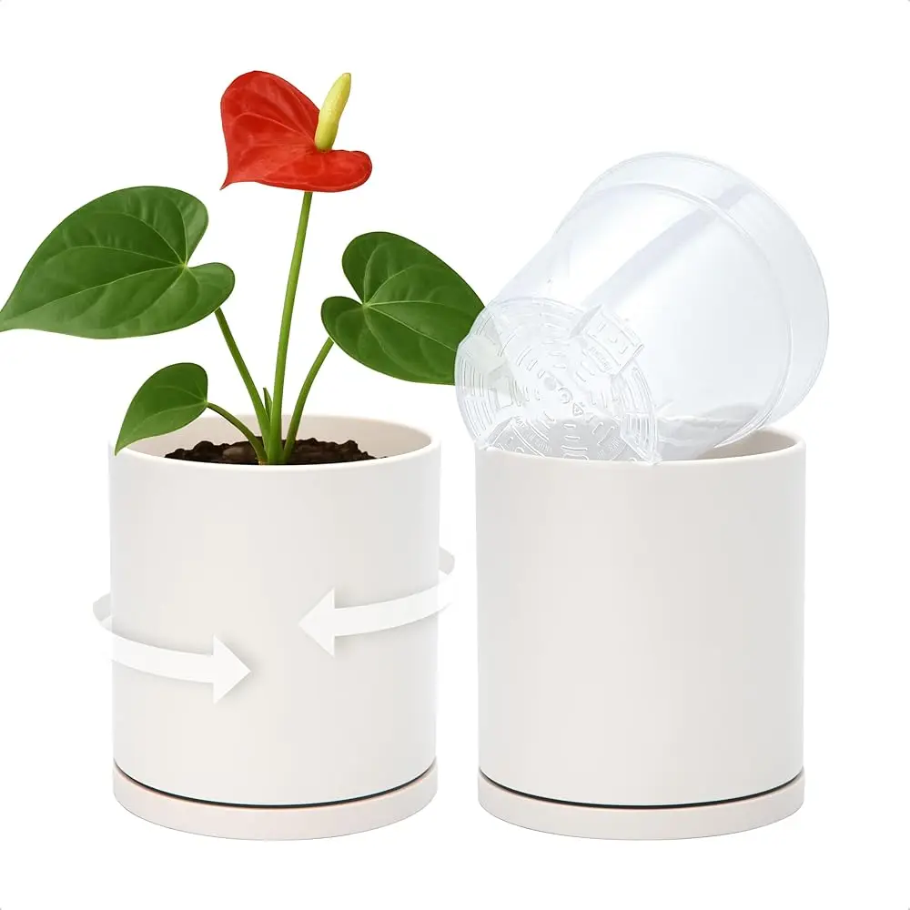 

Двухслойный самополивающийся набор горшков для растений – вращающийся пластиковый внешний горшок с прозрачной внутренней вставкой для здоровья корней, идеально подходит для использования в помещении.