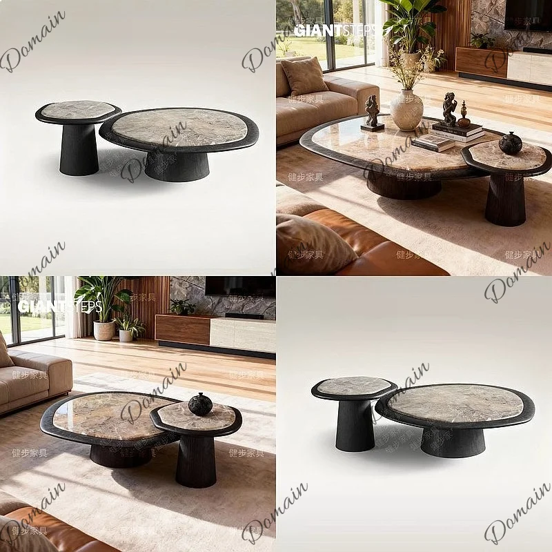 Luxury Natural Marble Round Coffee Table Set for Living Room Oval Movable Stone Nesting Tables
