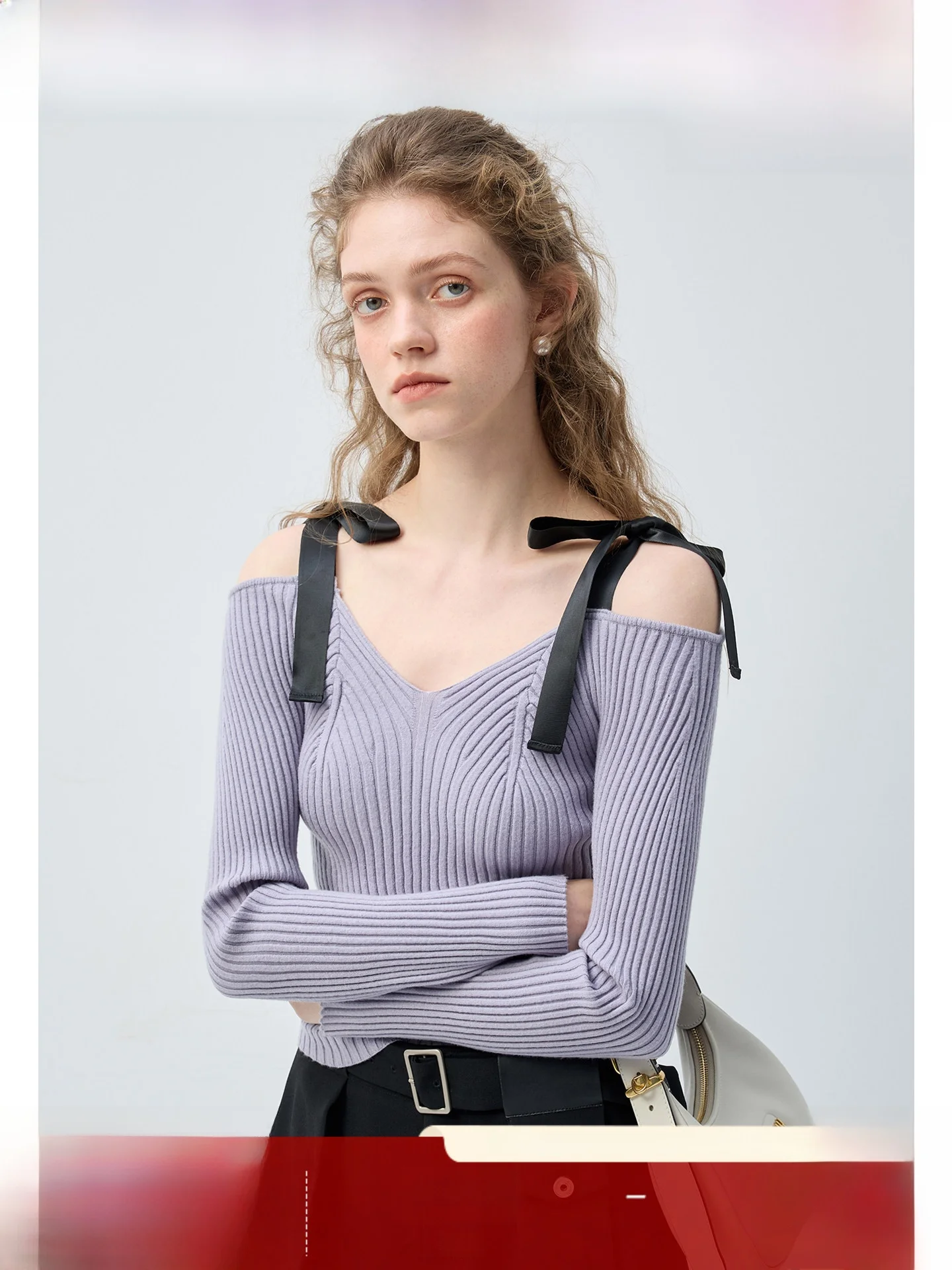 

Lav VEGA CHANG Women's Gentle Knitted Wool Sweater oulder Bared V-Ne Long Sve Spring New Arrival Soft Comfortable