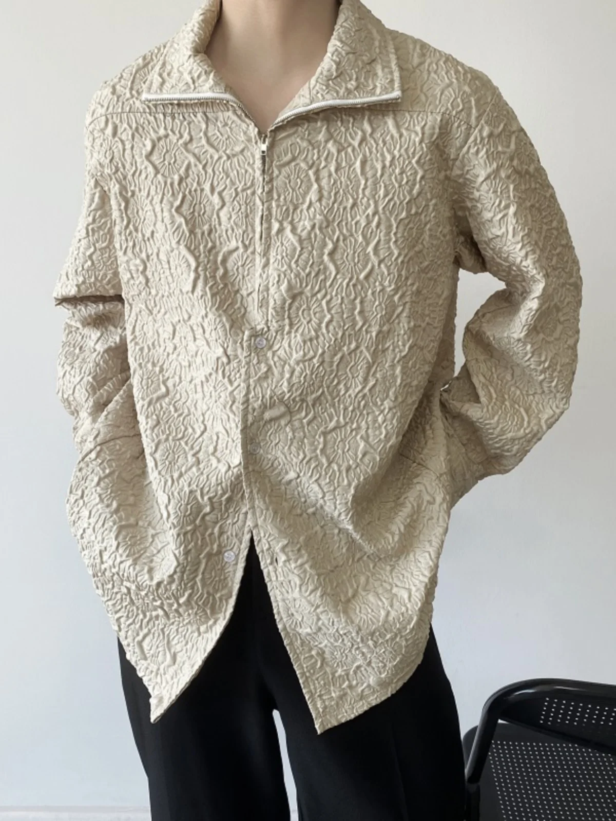 

Spring Season Men's Long Sve irt Unique Design Zipper Pred Flower Retro Stand Collar Simple Trendy Loose Fit All Seasons