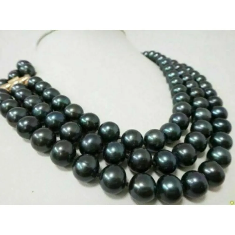 AAAAA TAHITIAN 3STRAND 9-10MM BLACK PERFECT WOMEN'S PEARL NECKLACE 14K GOLD CLASP