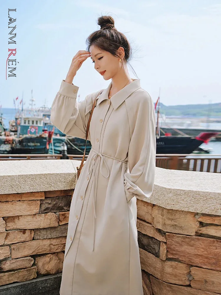 

Модное женское платье LANMREM с лацканами и длинными рукавами, однобортное длинное платье со шнуровкой и присборенной талией, осень 2024, новинка 2Z2378