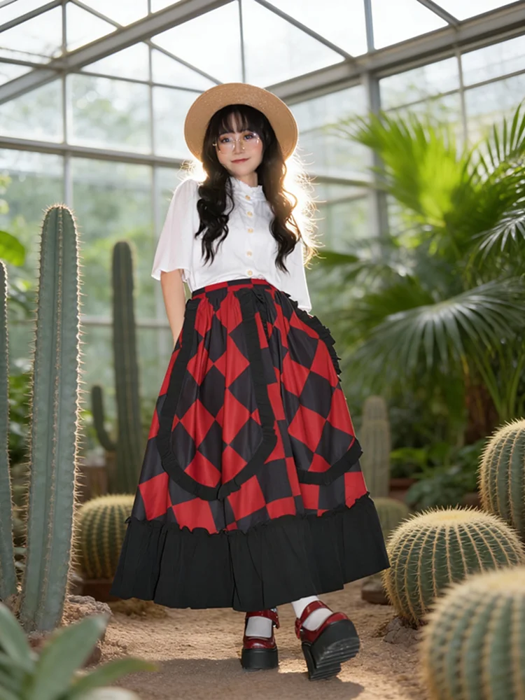 TIYIHAILEY-롱 미드-카프 스커트 여성용 신축성 있는 스커트 여름 봄 레드와 블랙 체크 패치워크 2026 신상 포켓 포함 A라인