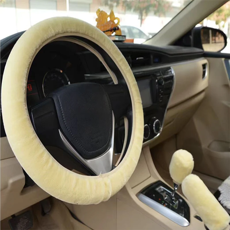 3Pcs Soft Plush Car Steering Wheel Cover Gearshift Handbrake Cover Protector Decoration Warm Super Thick Plush Collar Soft Black