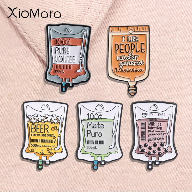 Cartoon Medical Infusion Bag Enamel Pins 100% Mate Puro Beer Boba Milk Tea IV Drip Drink Brooches Lapel Badge Jewelry Gifts