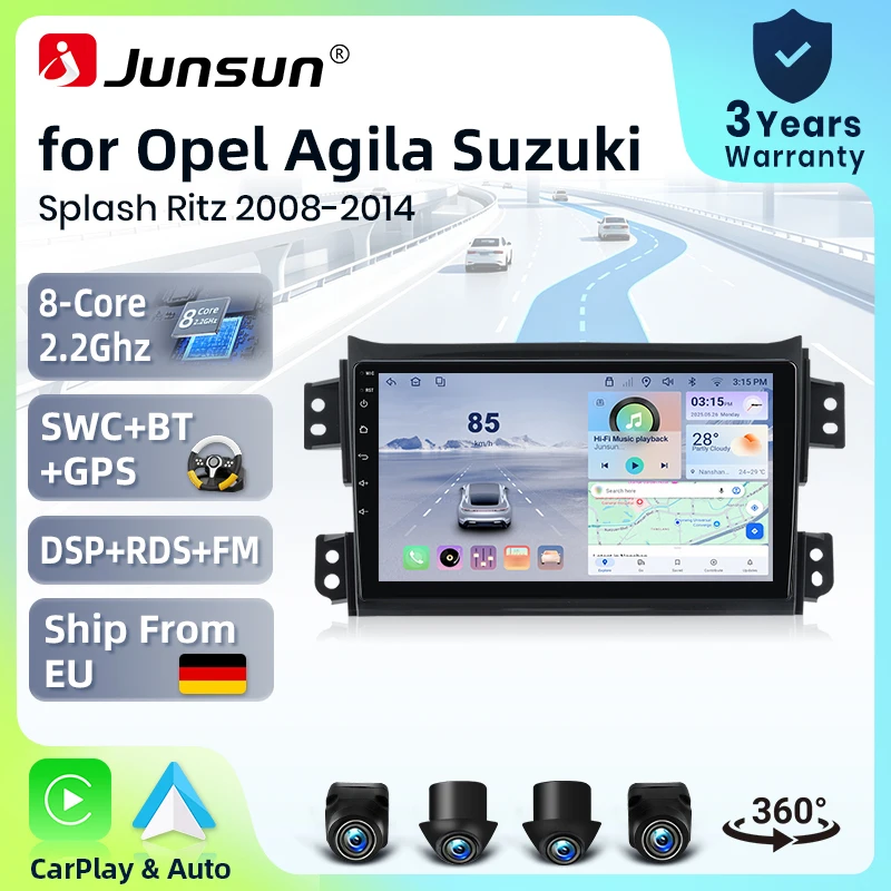 Systèmes stéréo intelligents Android 15 de 9 pouces Junsun pour Suzuki Splash Ritz 2004-2010, pour Opel Agila 2008-2012, autoradio sans fil CarPlay, commande vocale AI, écran tactile IPS, lecteur vidéo multimédia intelligent, unité principale 2 Din, GPS, Mirror Link, Bluetooth, RDS, DSP