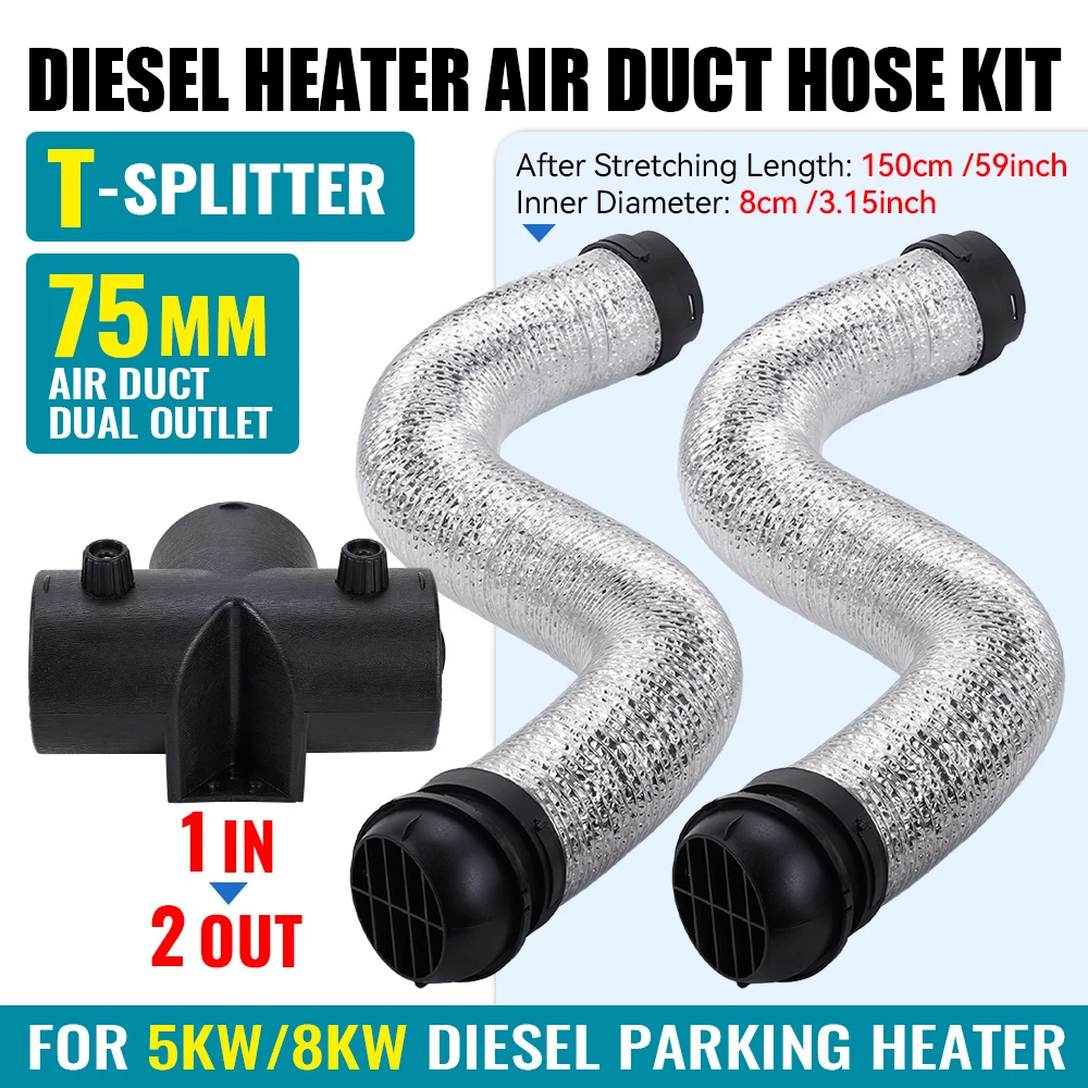 75mm Flexible Diesel Heater T&Y-Valve Connector Duct Hose 1.5m 2x Air Outlet for 5KW 8KW RV Camper Truck Boat Trailer Heater