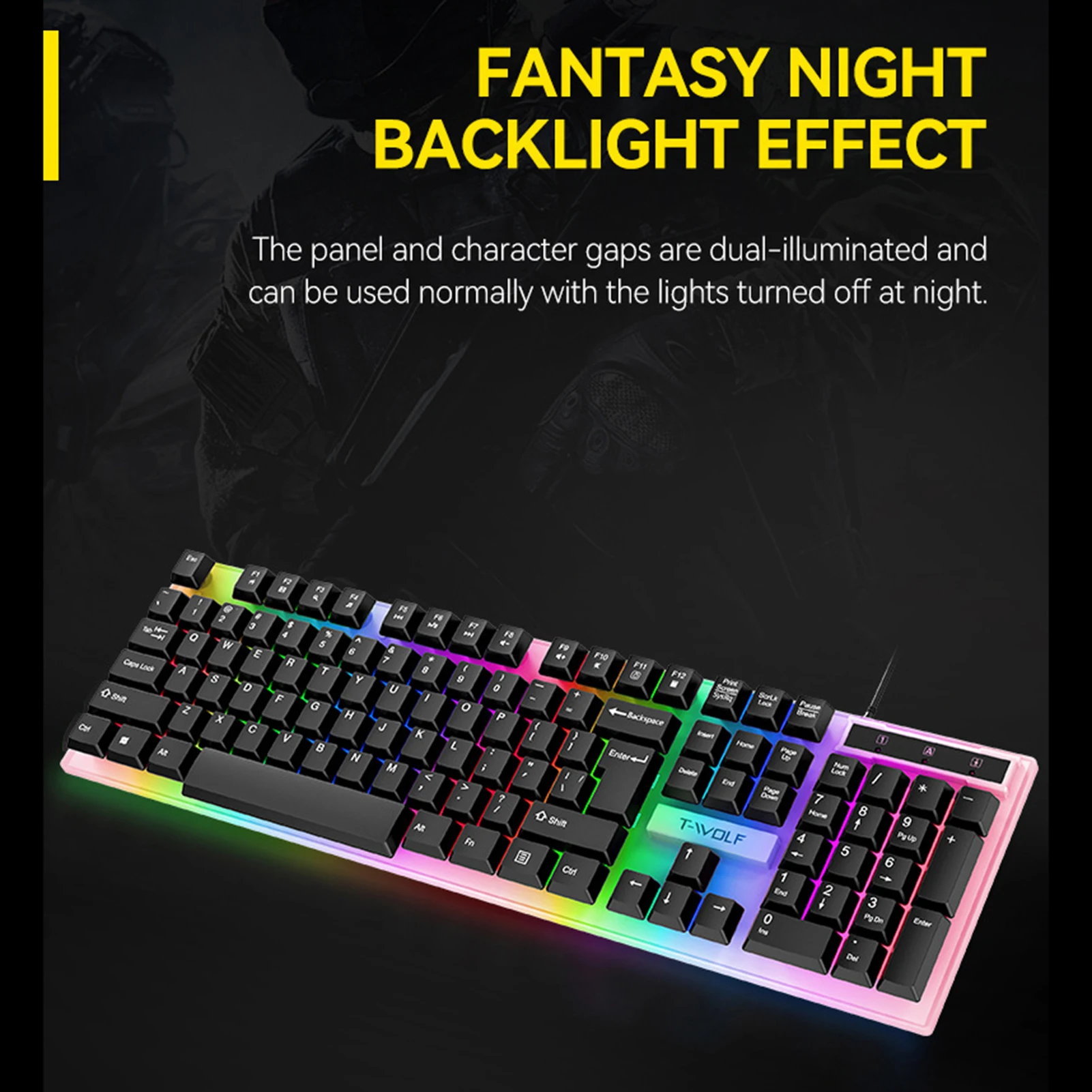 T-wolf tf240 لوحة مفاتيح للألعاب 4 في 1 وماوس وسماعة رأس كومبو مع لوحة ماوس مانعة للانزلاق ، سلكية ، إضاءة خلفية ملونة ، للكمبيوتر