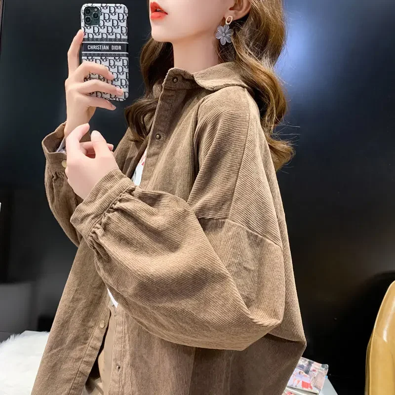 Corduroy Purple Top Button Up Women Shirts Long Sleeve Turn Down Collar Oversized Loose Outerwear 2022 New Warm Blouse WERR