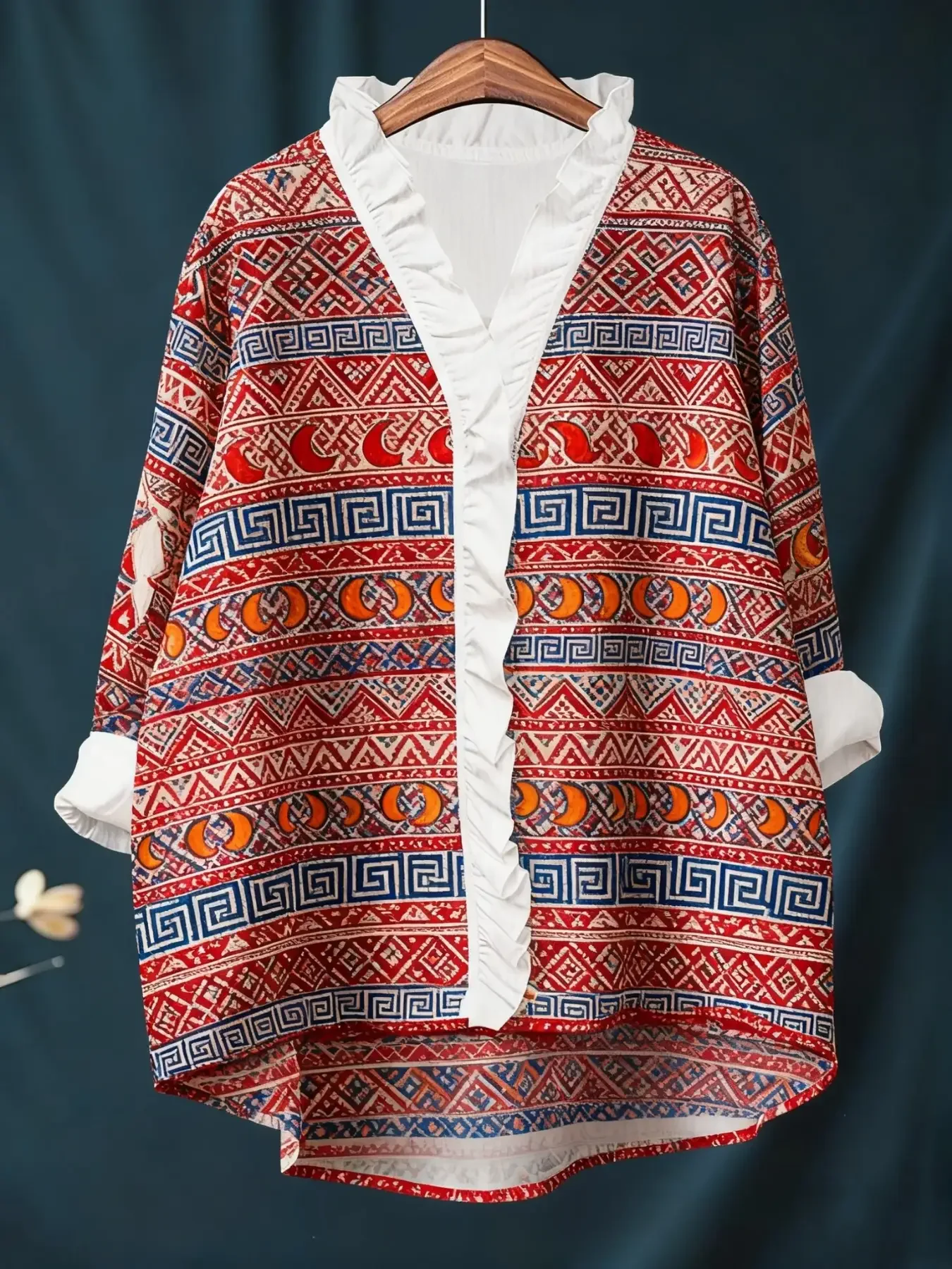 New women's printed long sleeved shirt with ruffled neckline, Retro Art Casual Women's Clothing