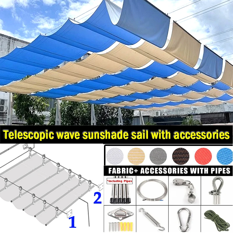 Width 1m~2m Outdoor Telescopic Awning with Installation Kit Rainproof Wave Sun Shade Sail Gazebo Pergolas Sunshade Nets