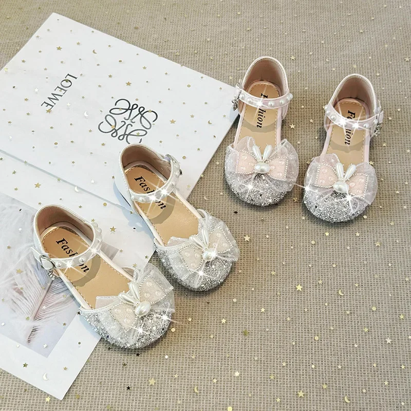 

2024 Summer New Kids' Princess Sandals for Girls Fashion Bowknot Sweet Pearl Temperamental Party Shoes Soft Anti-Slippery Flats