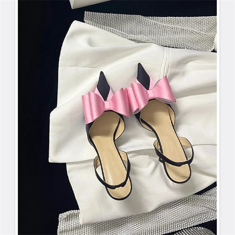 

Bowknot Satin Handmade Silk Slingbacks Summer Shoes Women High Heels Party Pointed Toe Sandals Sexy Versatile Rhinestone Pumps