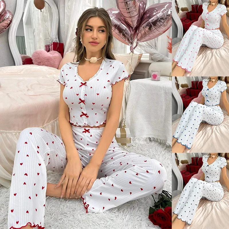 Heart Print V-Neck Short Sleeve Pants Pajama Set Lounge Sleepwear Home Casual Outwear Women