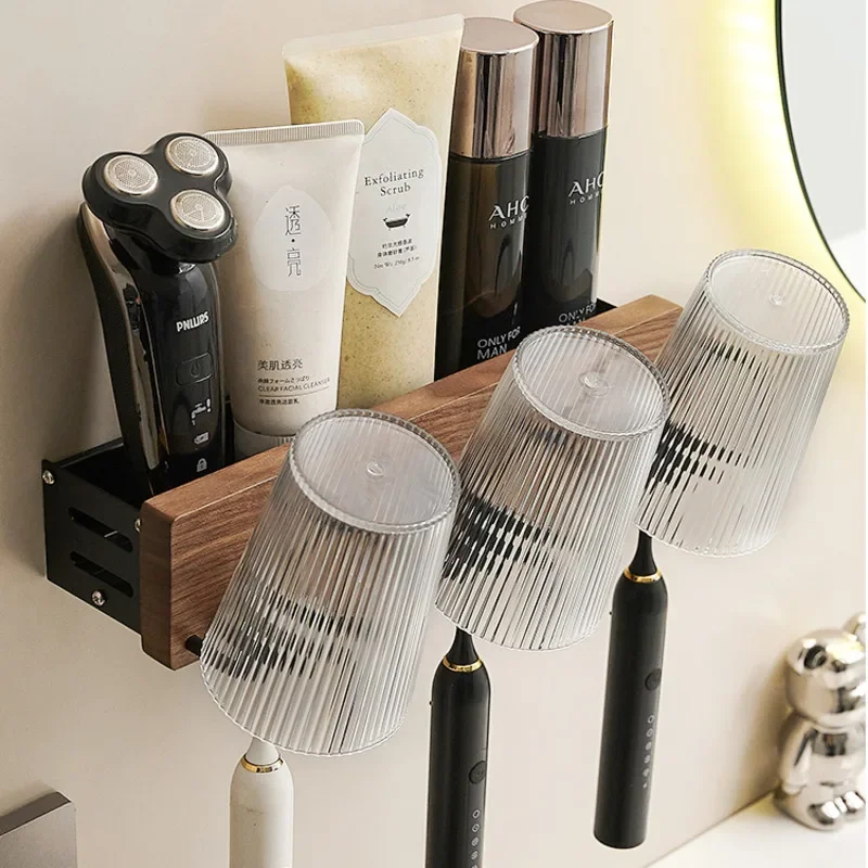 

Walnut MultiFunction Toothbrush Holder Elegant Bathroom Organizer without Drilling Razor and Accessories Stand