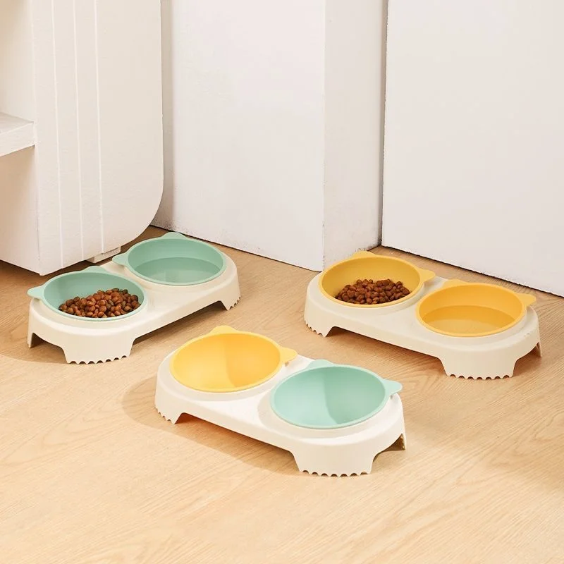 Pet Cat Bowl Plastic Double Bowl Non-slip Water Bowl for Cats and Dogs, Dry and Wet Food Separation, Easy to Clean
