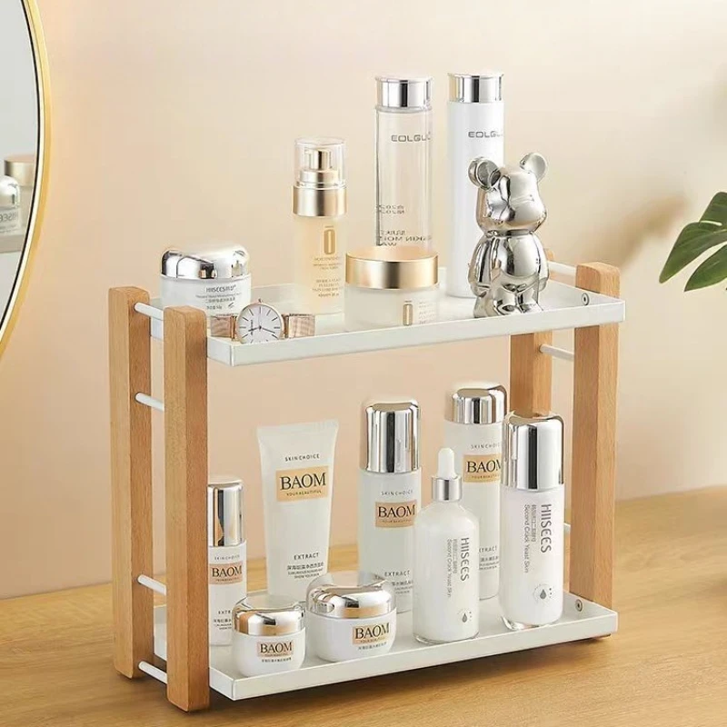 Solid Wood Bathroom Shelves Double Layer Desktop Storage Rack Space Saving Dryer Holder Stable Waterproof Shower Caddy Home