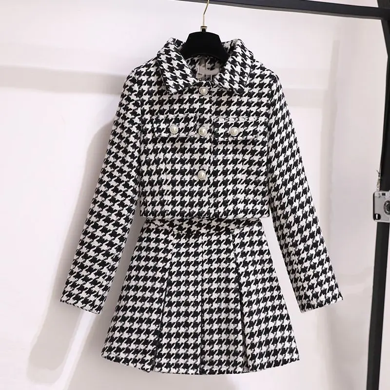 

Women Tweed Fragrant Houndstooth Y2K Suit Jacket Coat And Skirt Two Piece Set Female Party Jacquard Clothes Vintage 2023 Outfits