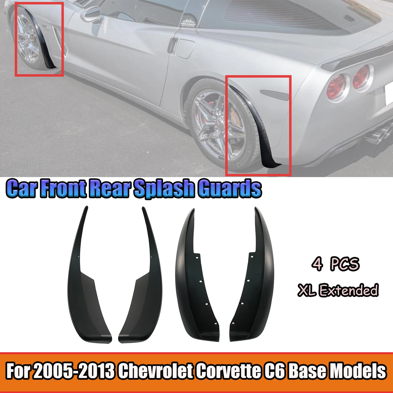 4PCS Car Front Rear Splash Guards For 2005-2013 Chevrolet Corvette C6 Base Models Body Kit XL Extended Style Matte Black