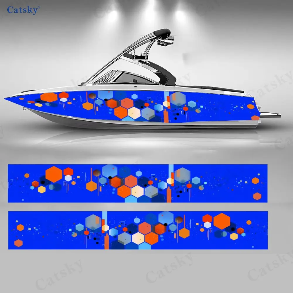 

2Pcs Blue & Orange Hexagon Tech Boat Stickers, PVC Waterproof Vinyl Wrap Decals for Fishing Boats, Durable and Stylish Design