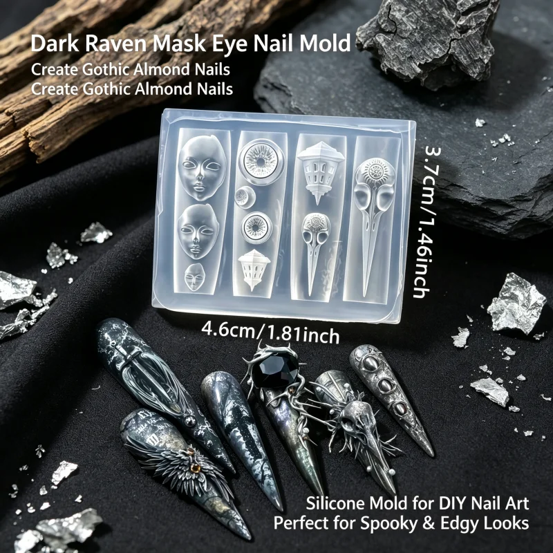 Dunkle Themen-Nagelkunstform, Silikonform für Augapfel-Puppen-Gesicht, 3D-Dekorationen, Krähemasken-Design, Einzelstück, Schönheitswerkzeug – Detail 1